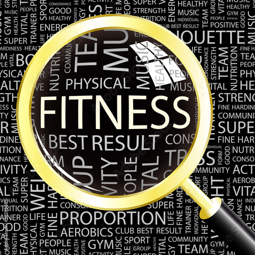 Vector: FITNESS. Magnifying glass over association terms. FITNESS. Magnifying glass over association terms.