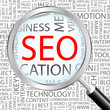 SEO. Magnifying glass over background with association terms