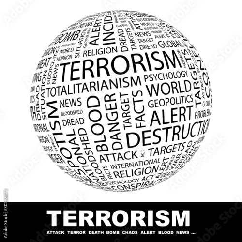 Vector: TERRORISM. Globe with different association terms. TERRORISM. Globe with different association terms.