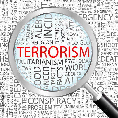 Vector: TERRORISM. Illustration with different association terms. TERRORISM. Illustration with different association terms.