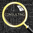 CONSULTING. Magnifying glass over different association terms. CONSULTING. Magnifying glass over different association terms.