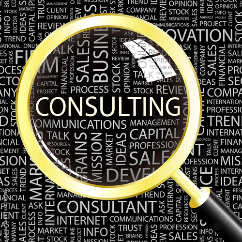 Vector: CONSULTING. Magnifying glass over different association terms. CONSULTING. Magnifying glass over different association terms.