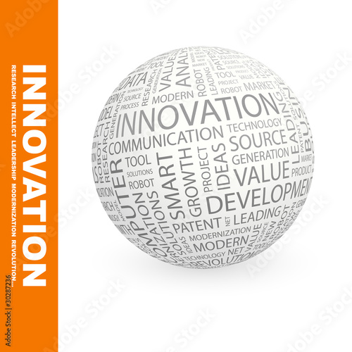 Vector: INNOVATION. Globe with association terms. INNOVATION. Globe with association terms.