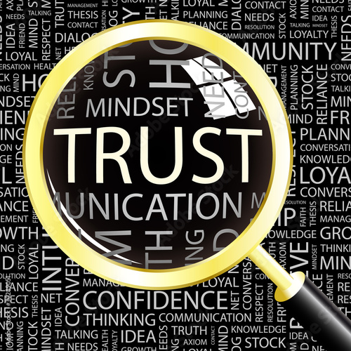 Vector: TRUST. Magnifying glass over different association terms. TRUST. Magnifying glass over different association terms.