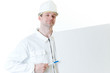 Builder man with blank and pen