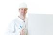 Builder man with blank and pen