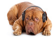 a dog in headphones is listening to the music