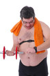 Fat man doing workout with dumbells