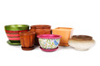 many different flowerpots in a line, isolated many different flowerpots in a line, isolated