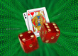 Playing cards & red dice flying across walls of binary code