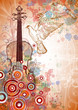 Violin, music sheets, flying doves on the color paint background