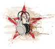 headphones, red grunge star & floral calligraphy ornament, water