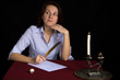 portrait of beautiful brown-haired girl writing work portrait of beautiful brown-haired girl writing work