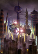 futuristic city and flying car