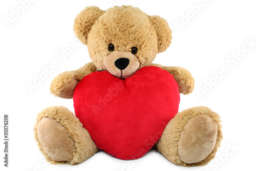 Photo: Ours brun en peluche et coeur rouge Ours brun en peluche et coeur rouge