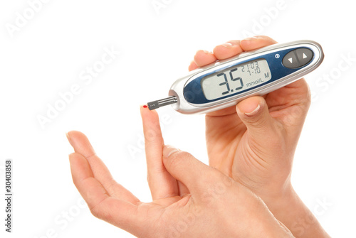 Photo: Diabetes patient measure glucose level blood test Diabetes patient measure glucose level blood test