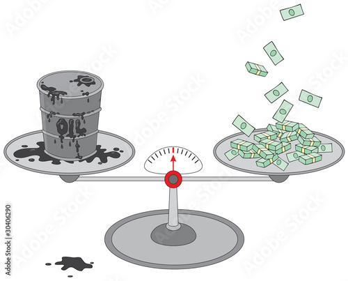 oil barrel vector. Oil barrel and money on scales