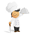 Cartoon chef in white hat with knife and dish