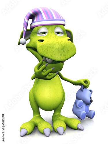 Illustration: Tired cute cartoon monster wearing nightcap. Tired cute cartoon monster wearing nightcap.