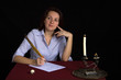 portrait of beautiful brown-haired girl writing work