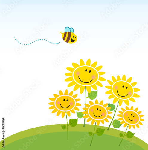 Vektor: Cute yellow honey bee with group of flowers. Vector Cute yellow honey bee with group of flowers. Vector