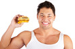 Hungry man with hamburger. over white background