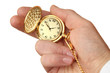 Photo: Golden pocket watch in a businessman's hand. Golden pocket watch in a businessman's hand.