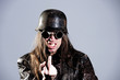 wild man with steel helmet and sunglasses
