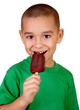 kid eating chocolate ice cream bar, isolated