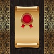 Vintage paper scroll with golden seal on a black wood backround