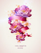 colorful floral composition with watercolor splats and banner