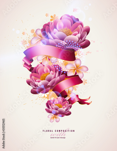 Vector: colorful floral composition with watercolor splats and banner colorful floral composition with watercolor splats and banner