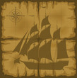 old map with image of large ship and compass rose
