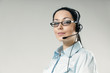 Sexy smiling haughty call center operator portrait