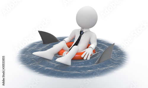 Illustration: Businessman floating in a life preserver with sharks around Businessman floating in a life preserver with sharks around