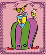 Woman clown with garment on stripes loads his dog