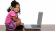 Adorable African American Girl With Headphones On Laptop