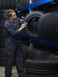 Mechanic removing tire from rack
