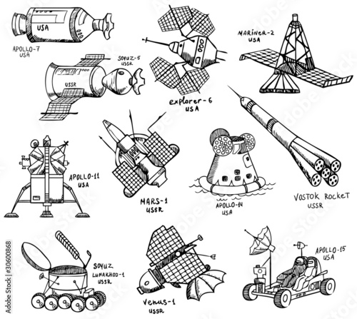 Vector: different USA and USSR spacecrafts with titles, vector different USA and USSR spacecrafts with titles, vector
