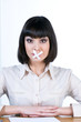 Woman with white censor tape