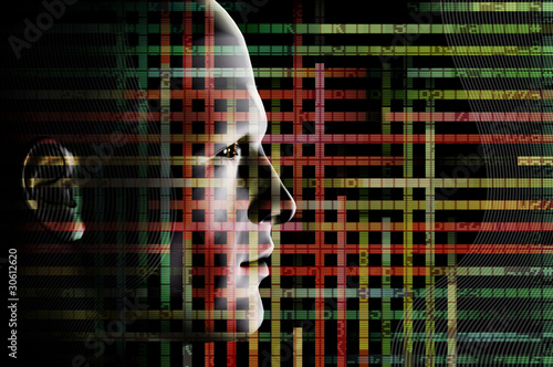 Illustration: wired man and computer code wired man and computer code