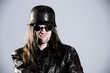 wild man with steel helmet and sunglasses