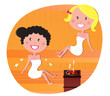 Cute women / friends relaxing in a hot sauna Cute women / friends relaxing in a hot sauna
