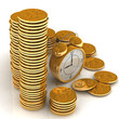 Time is money concept with clock and coins Time is money concept with clock and coins