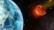 Asteroid with tail of fire flying between planets in space Asteroid with tail of fire flying between planets in space