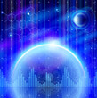 Blue planets, chemical formulas, digital wave & stars Blue planets, chemical formulas, digital wave & stars