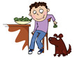The boy feeds the dog broccoli