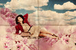 beauty young woman lie in pink flowers