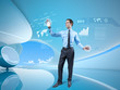 Young businessman navigating holographic virtual interface