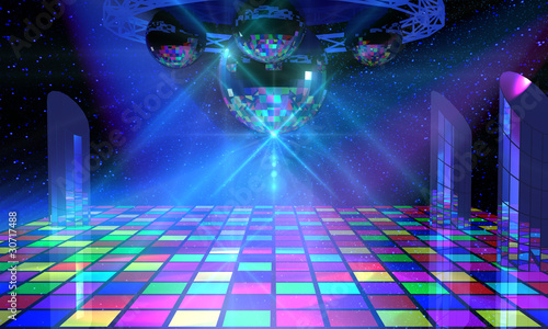 Illustration: Colorful dance floor with several shining mirror balls Colorful dance floor with several shining mirror balls